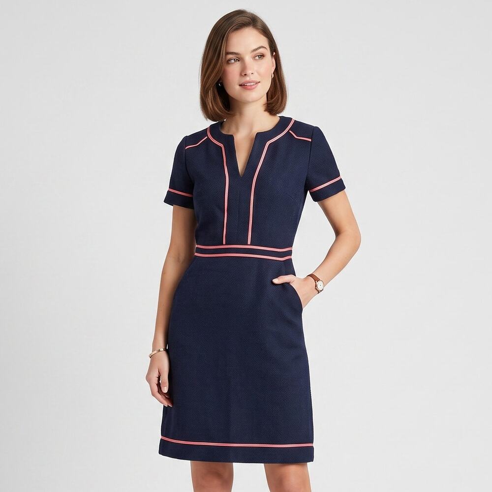 Boden Edith Trim Detail Dress Navy Blue Red Sz 2 Short Sleeve Work Shift Pockets